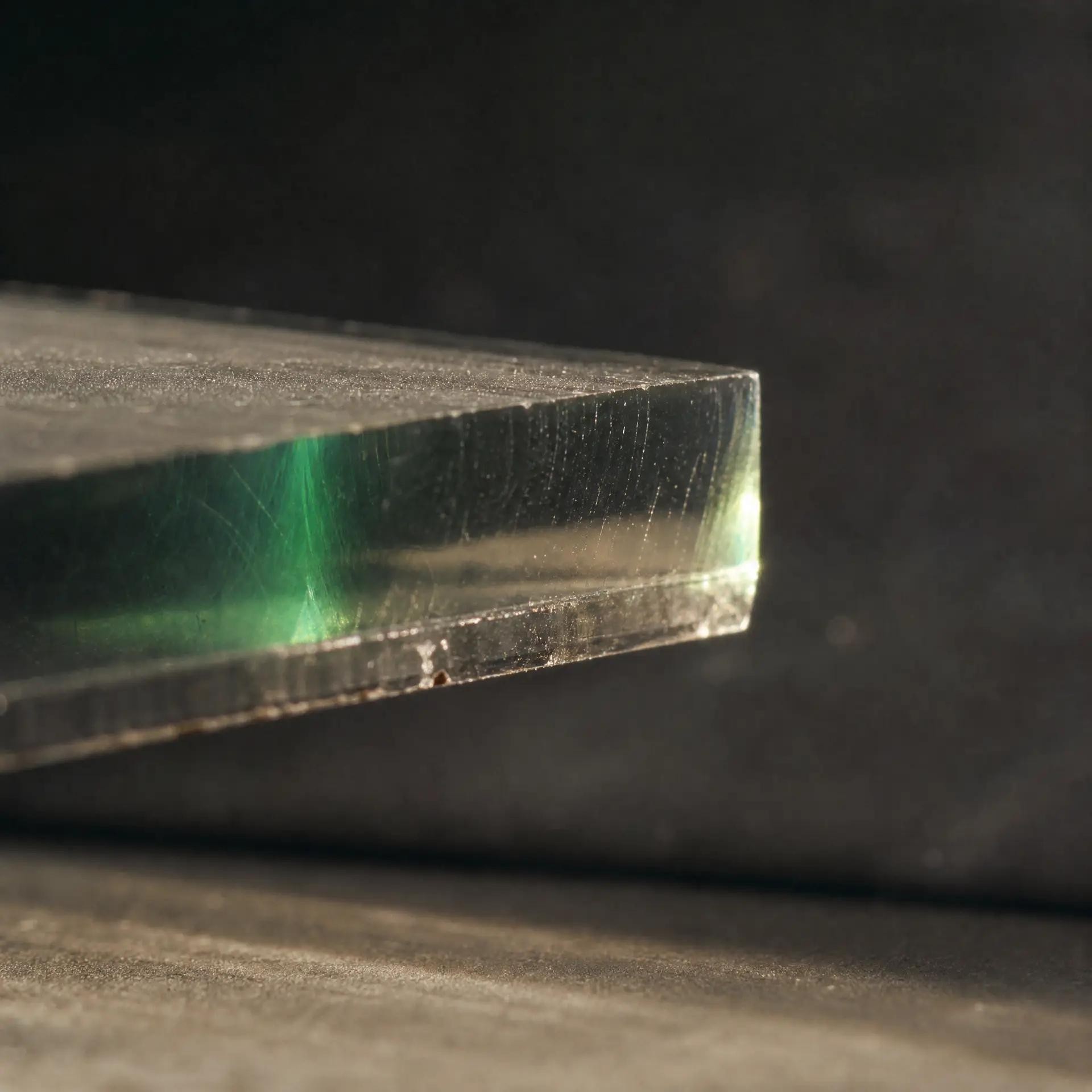 Polished edge of a clear acrylic sheet, light refracting through its thickness