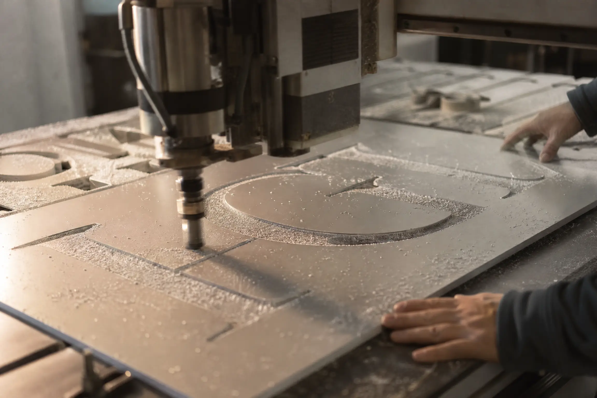 CNC router cutting letter shapes out of an aluminium composite panel, metal shavings around the tool
