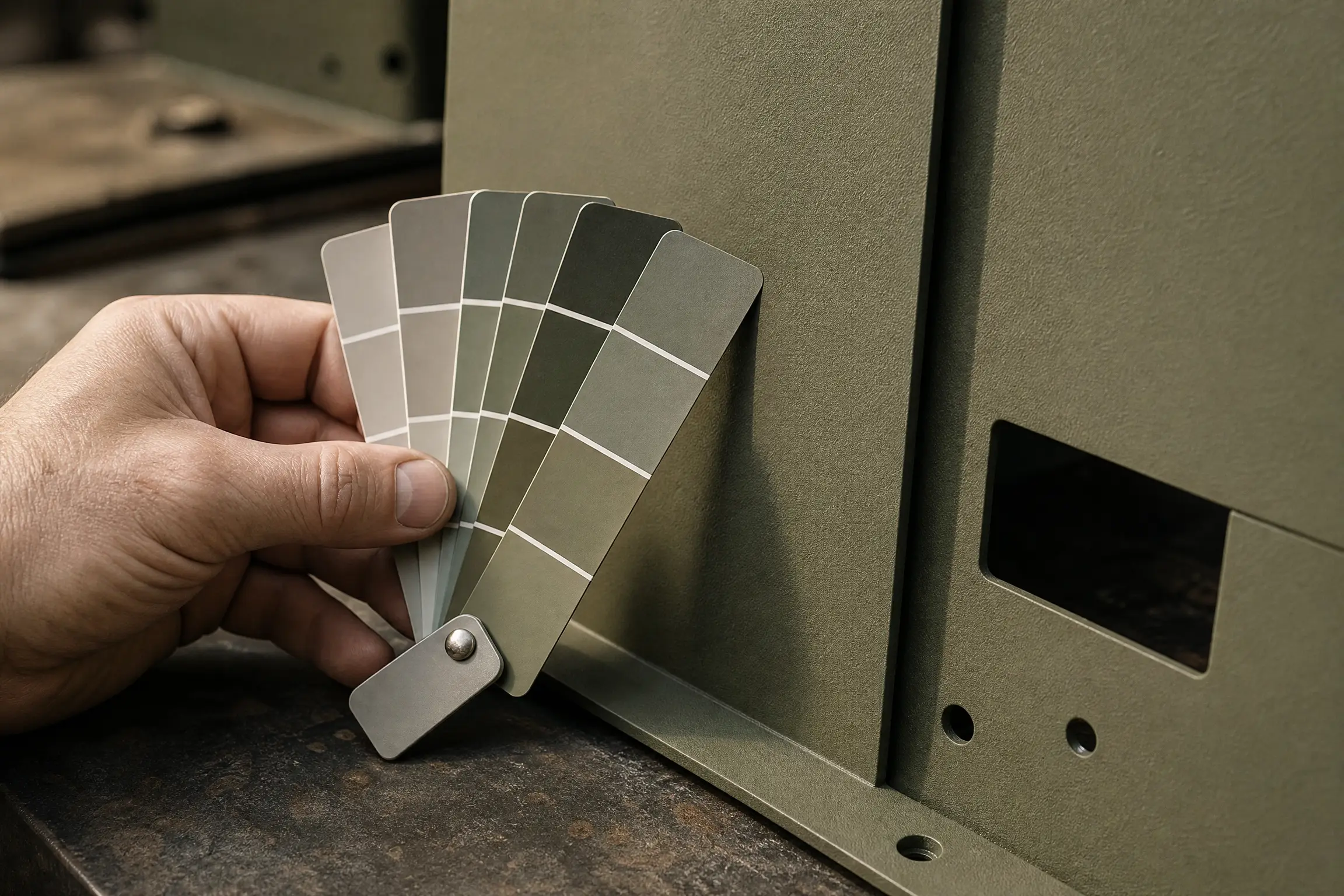 A RAL colour chart compared with a freshly powder-coated metal panel, on a workshop bench