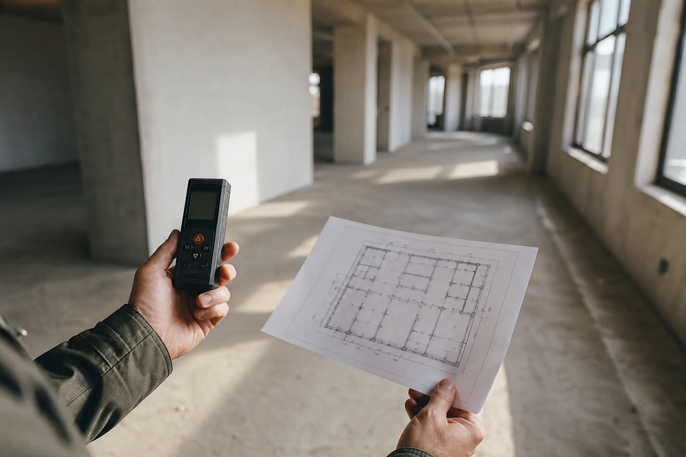 Site survey with a laser measure and a printed drawing, on an open-plan office floor under refurbishment