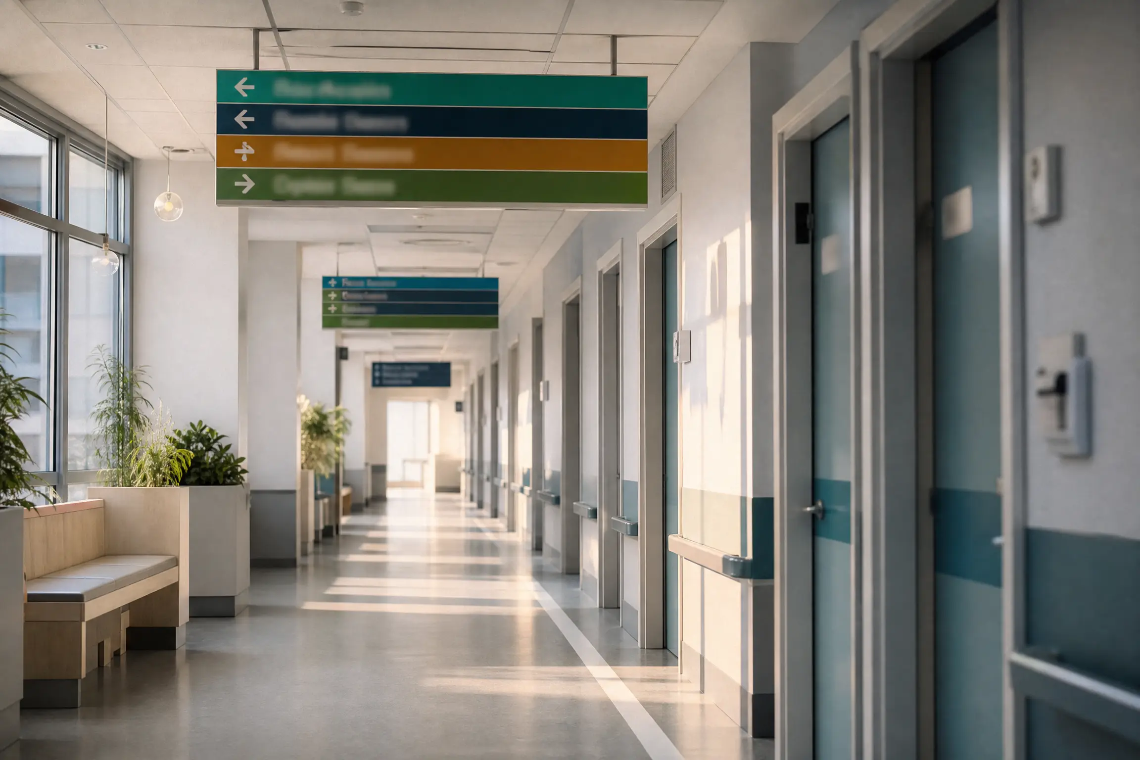 Circulation d'hôpital avec signalétique directionnelle suspendue et bandes de contraste sur les portes