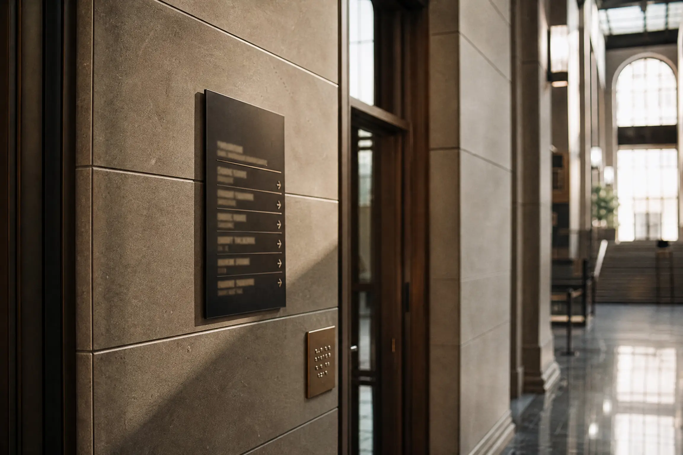 Hall de bâtiment public en pierre et verre, signalétique gravée discrète et plaque en braille près d'une porte