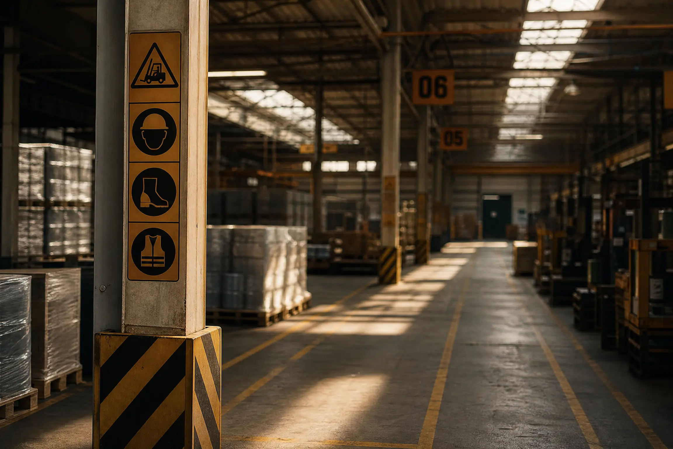 Entrepôt industriel avec marquage au sol de circulation, pictogrammes de sécurité sur les poteaux et numérotation de zones