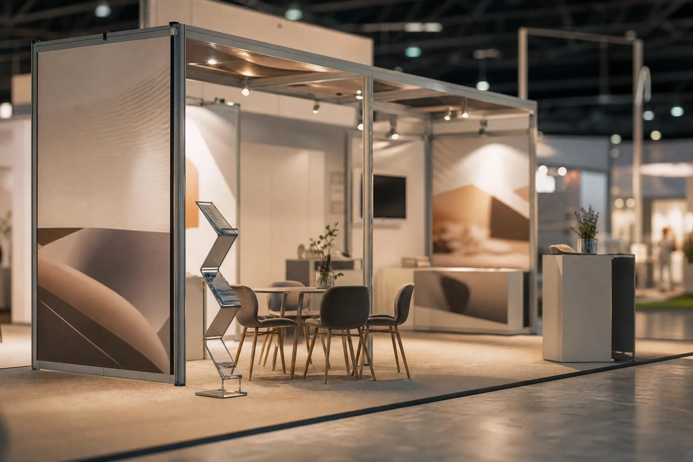 Stand de salon à structure aluminium modulaire et panneaux textiles tendus, éclairage intégré