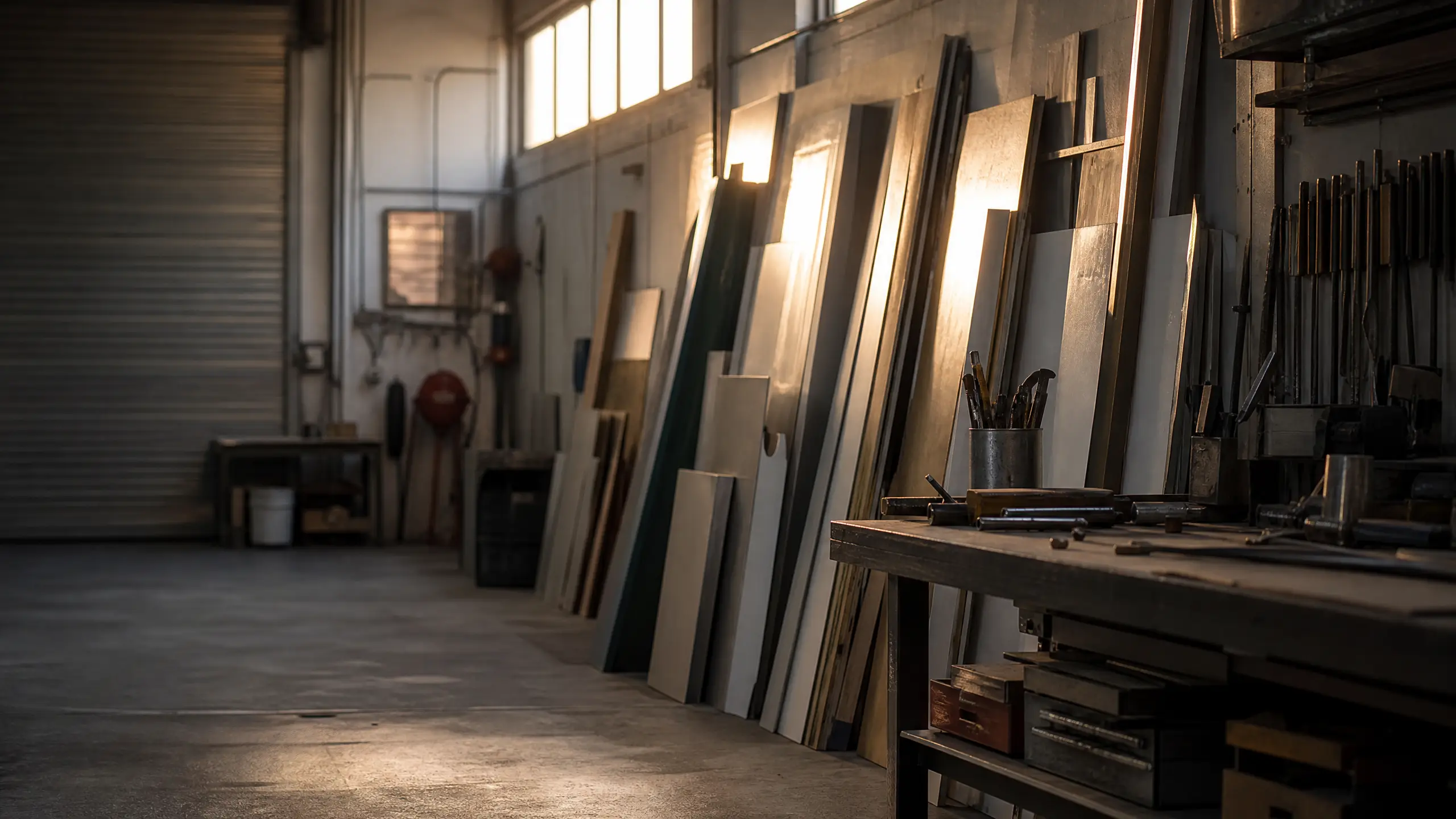 Atelier de fabrication en fin de journée, feuilles de matière rangées contre le mur et outils sur l'établi