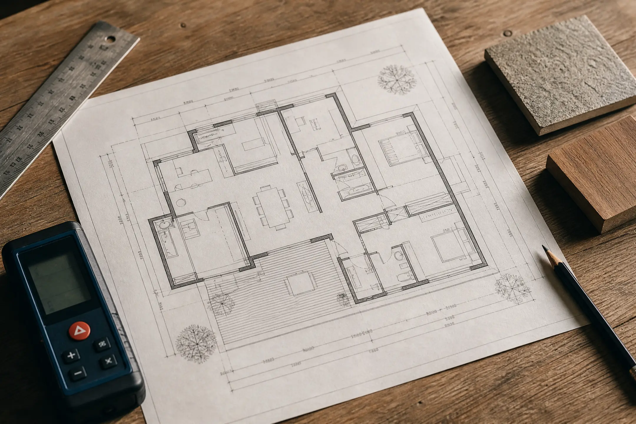 Printed layout drawing on a workbench, surrounded by a laser measure, a steel rule and material samples