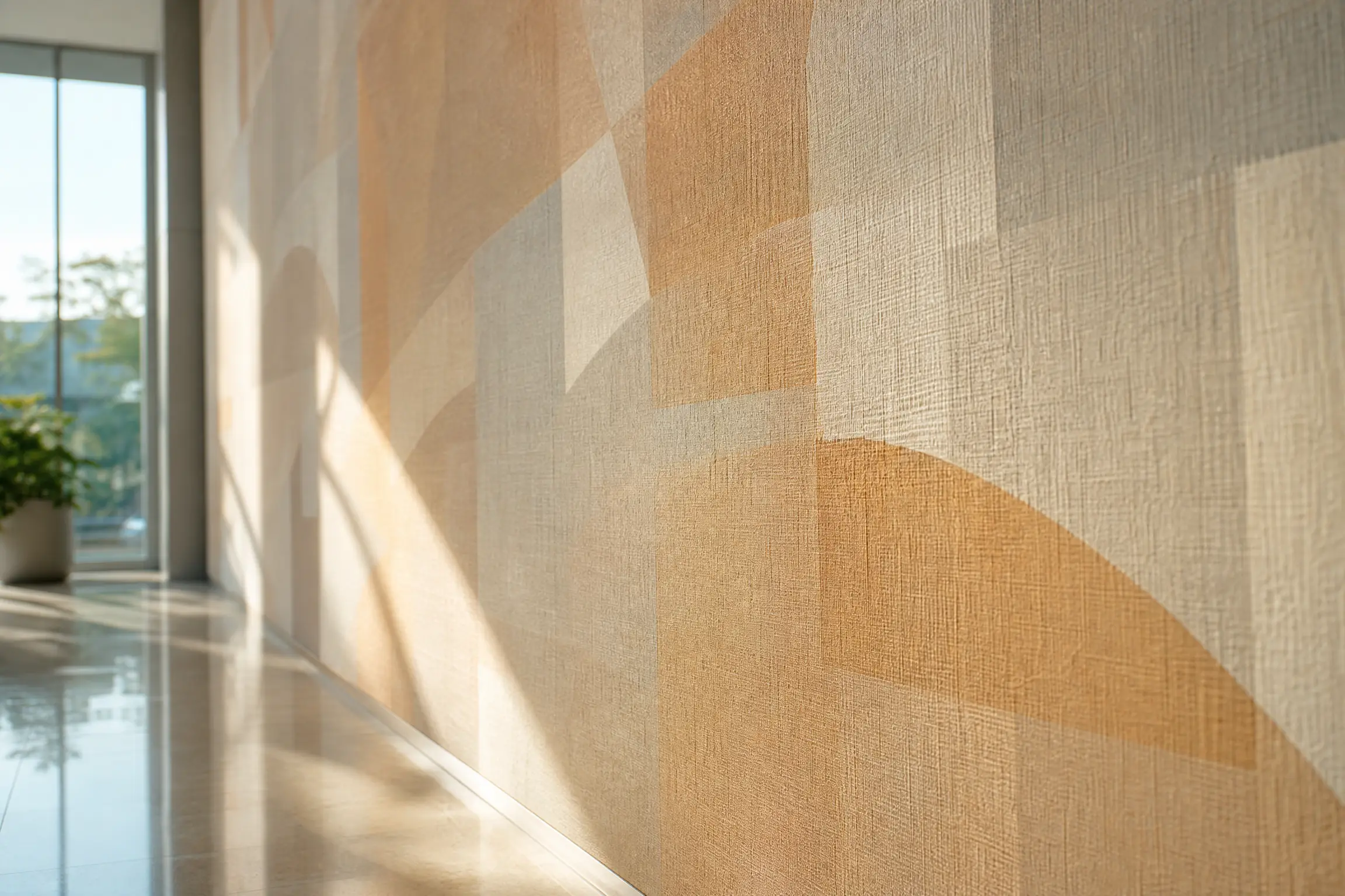 Decoración mural impresa en gran formato en un pasillo, motivo geométrico en tonos neutros