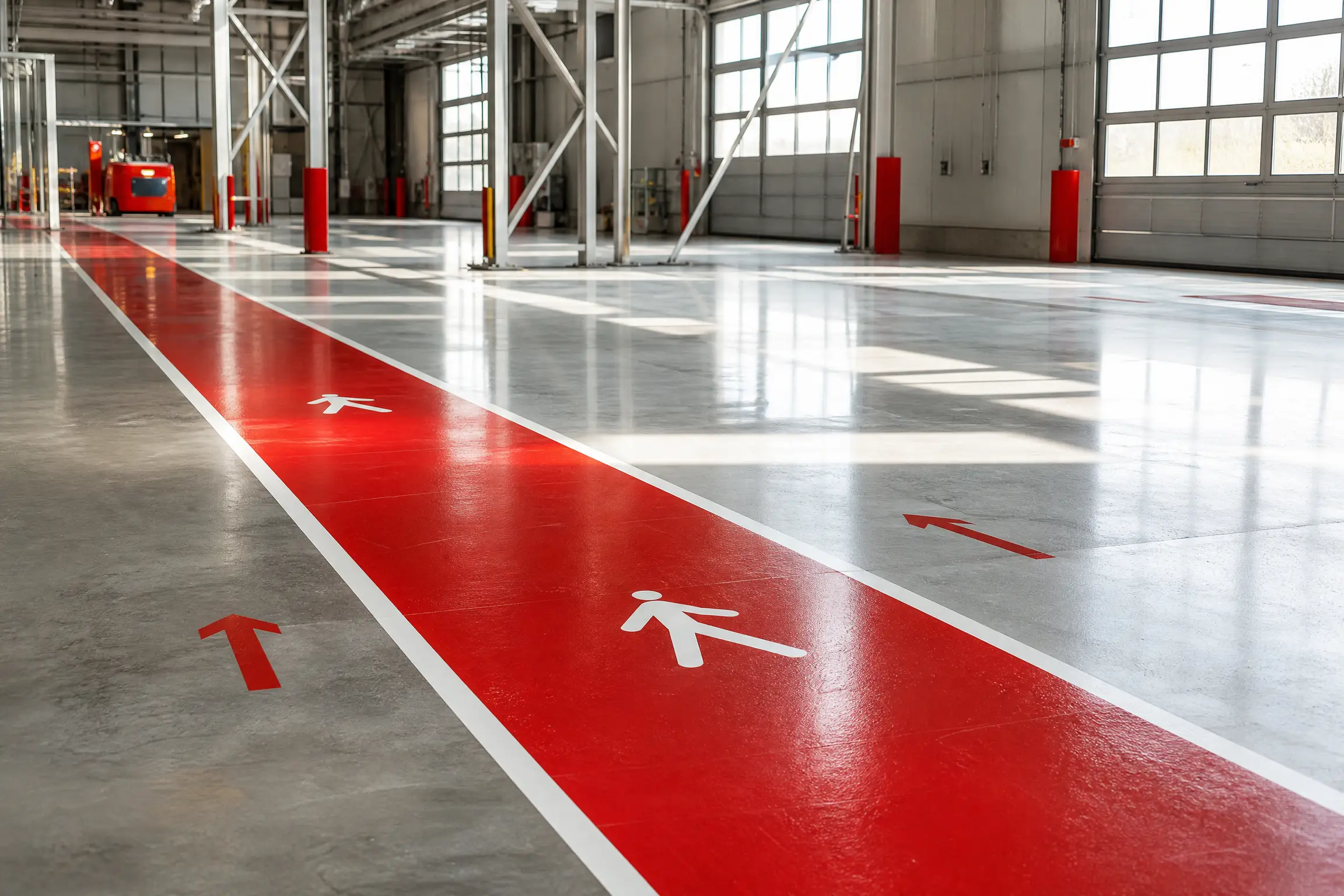 Señalización de suelo de circulación, paso peatonal rojo y pictogramas blancos en una nave industrial