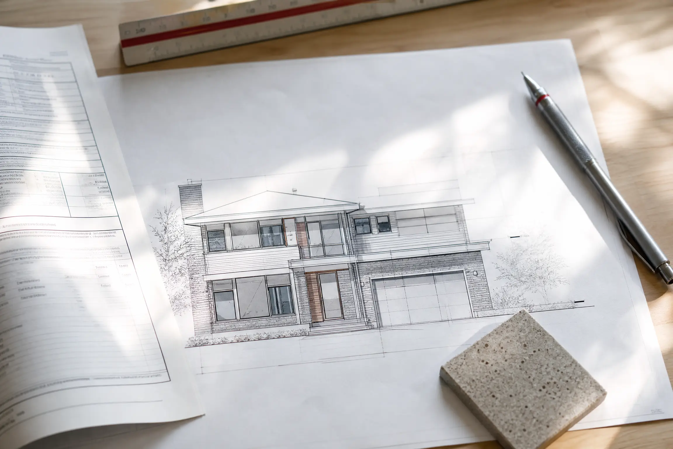 Plan de façade sur un bureau, entouré d'un formulaire officiel, d'un réglet et d'un crayon