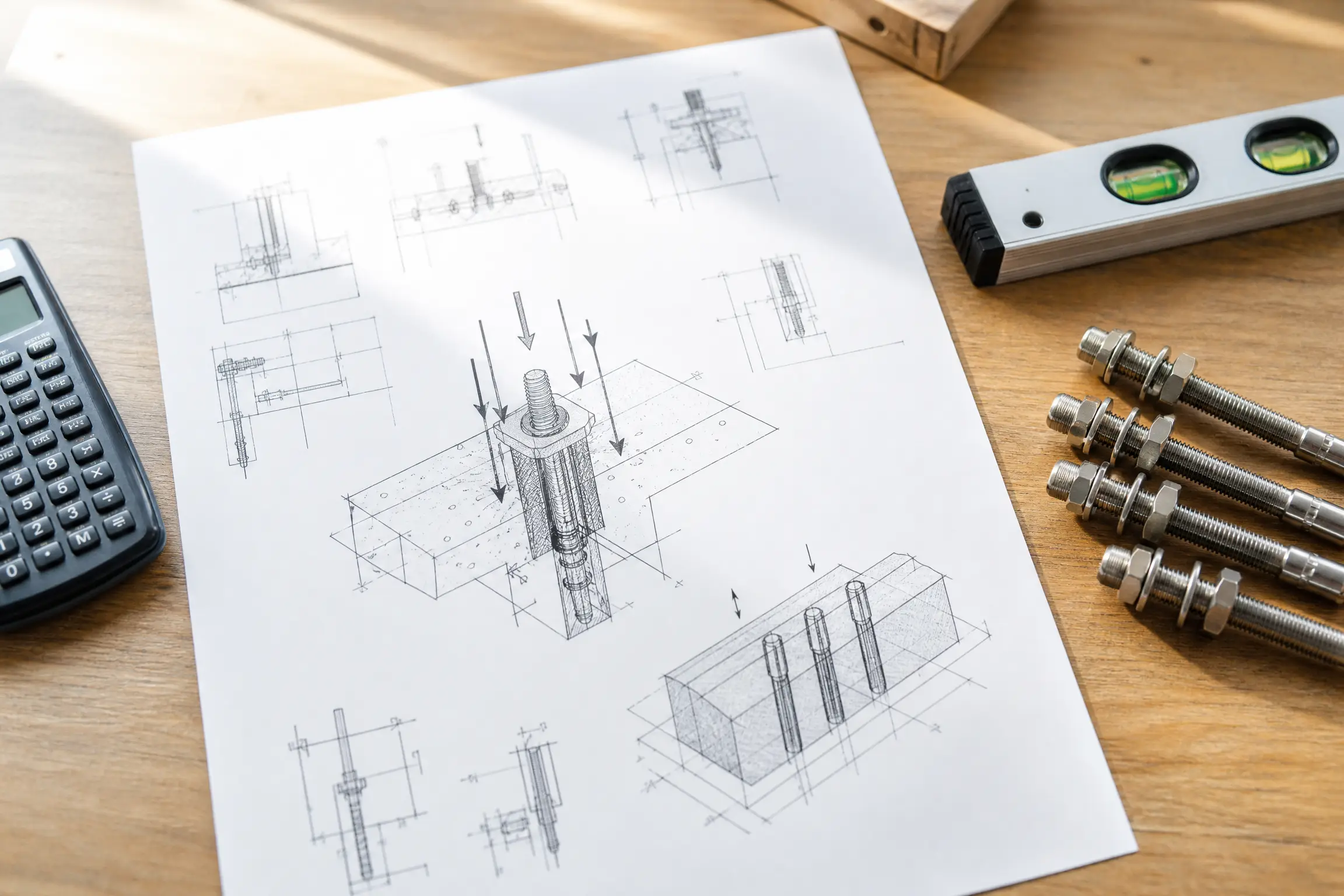 Plan de structure avec détails de fixation, calculatrice, boulons inox et niveau à bulle sur un établi