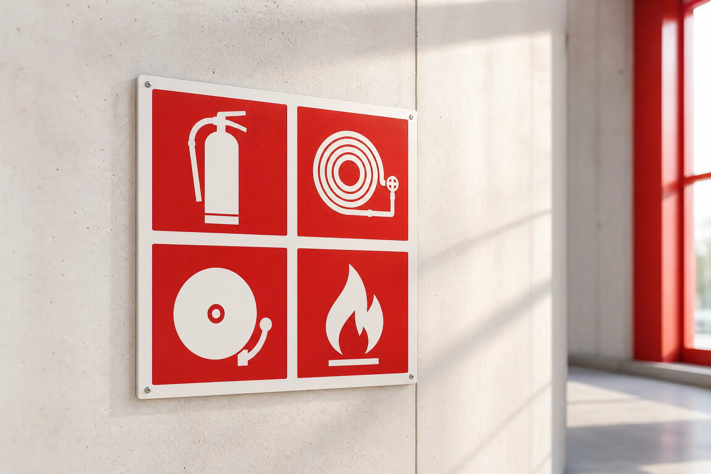Panneau de pictogrammes de sécurité incendie rouges et blancs sur un mur en béton clair