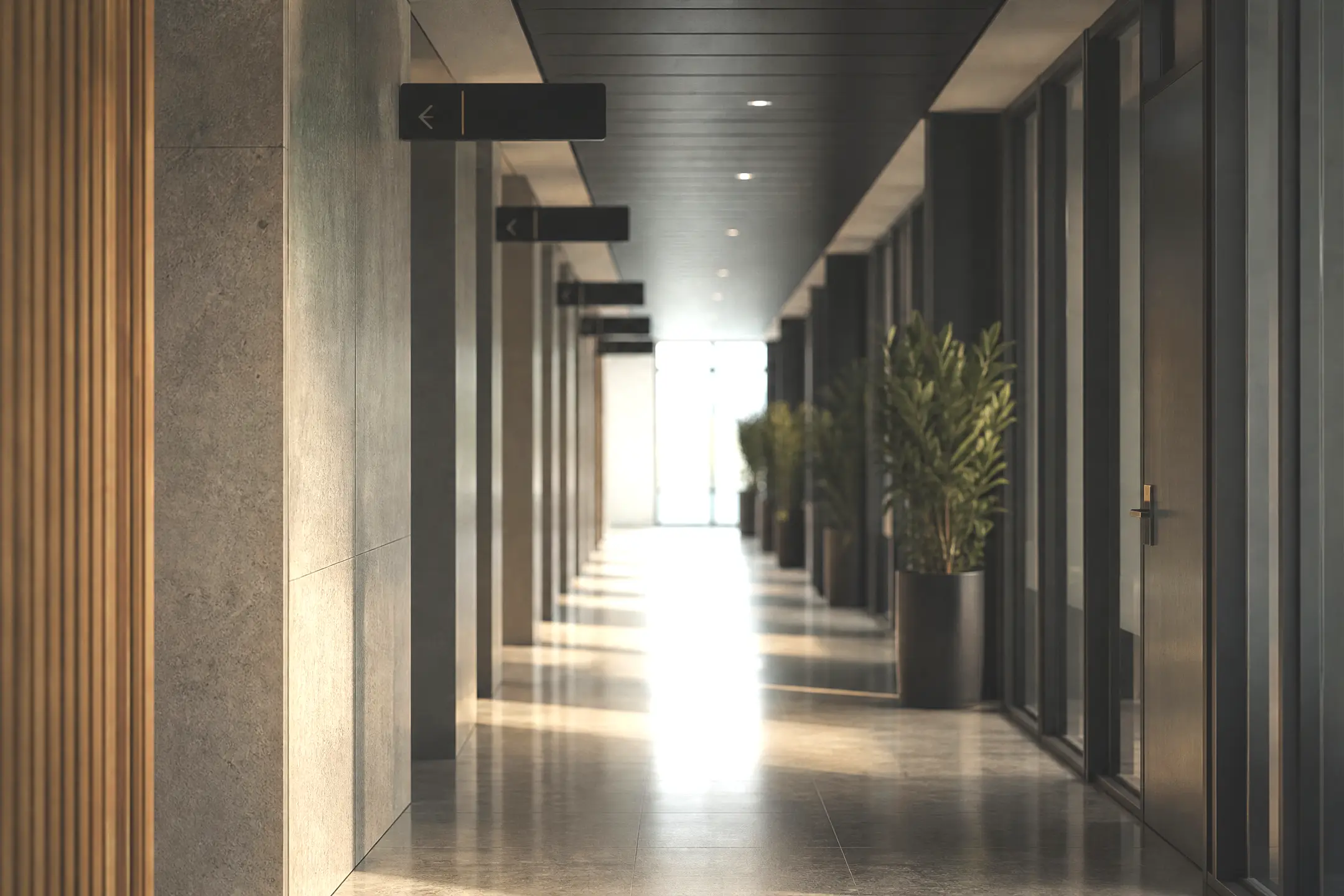 Empty office corridor, suspended directional signs lined up along the route to the window at the far end