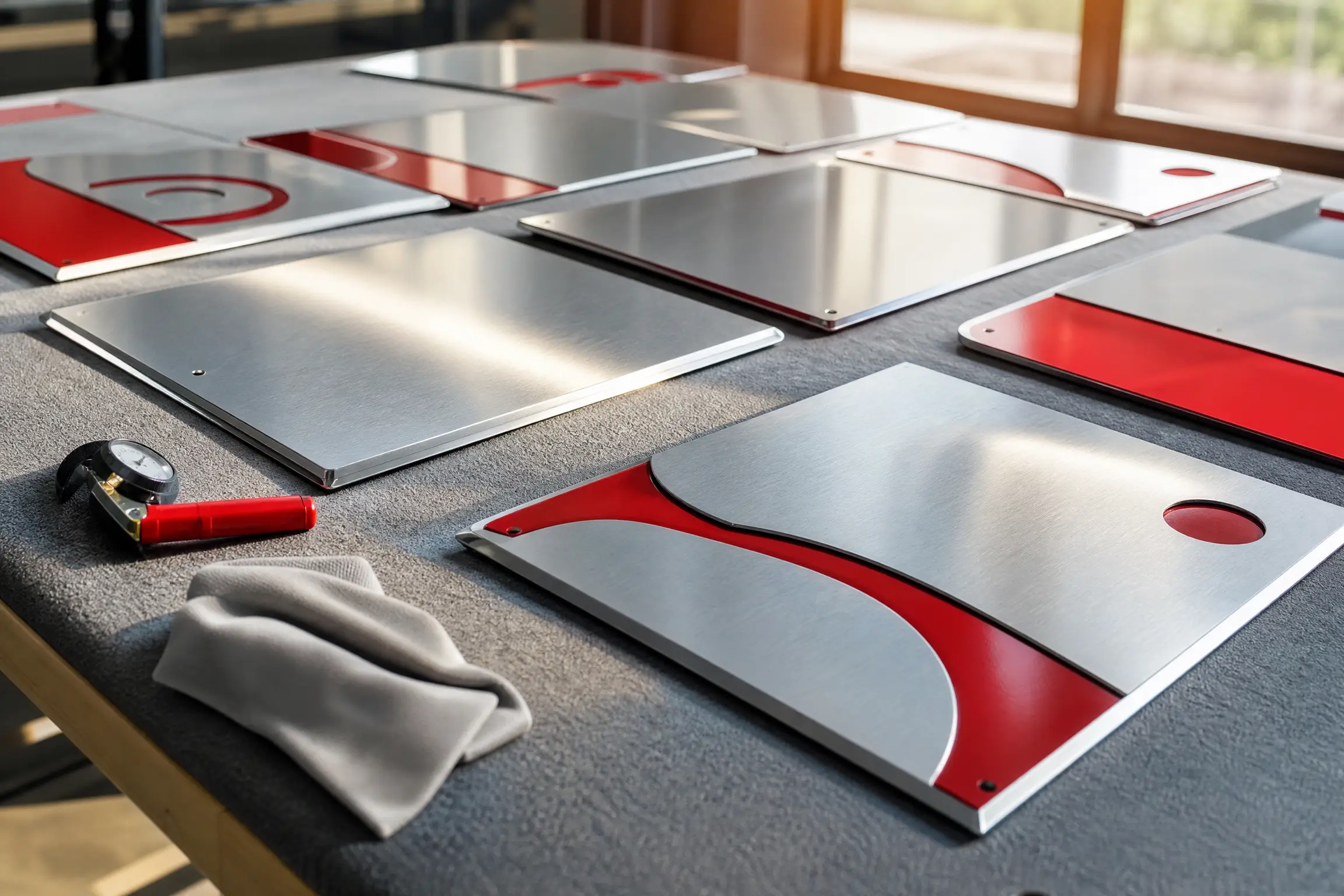Finished metal panels lined up on an inspection bench, a red-handled inspection gauge beside them