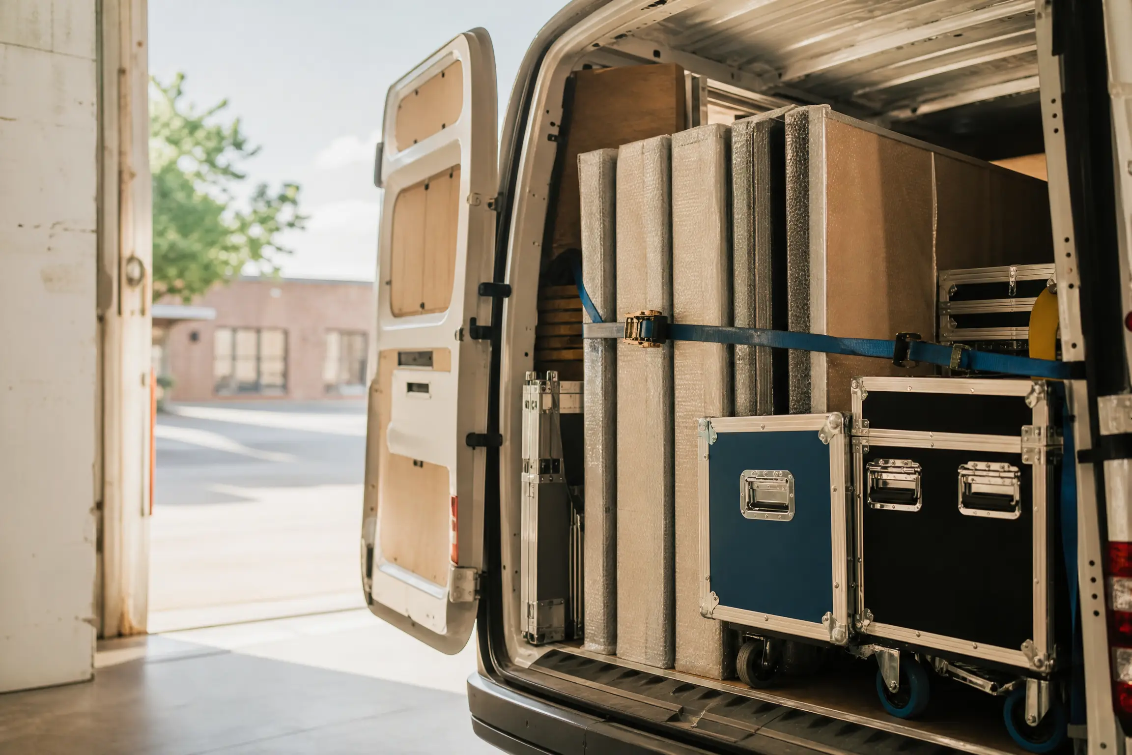 Protected panels and transport crates loaded into a van at the workshop loading bay