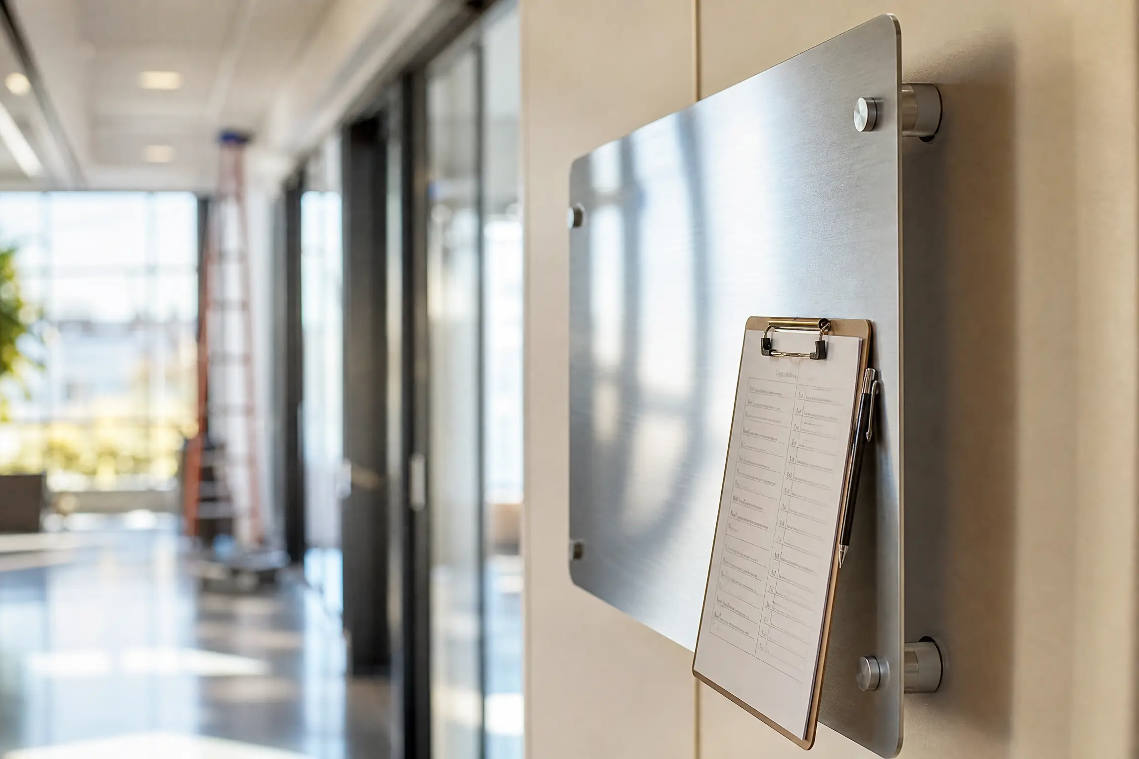 Handover sheet resting on a newly installed sign in a new corridor