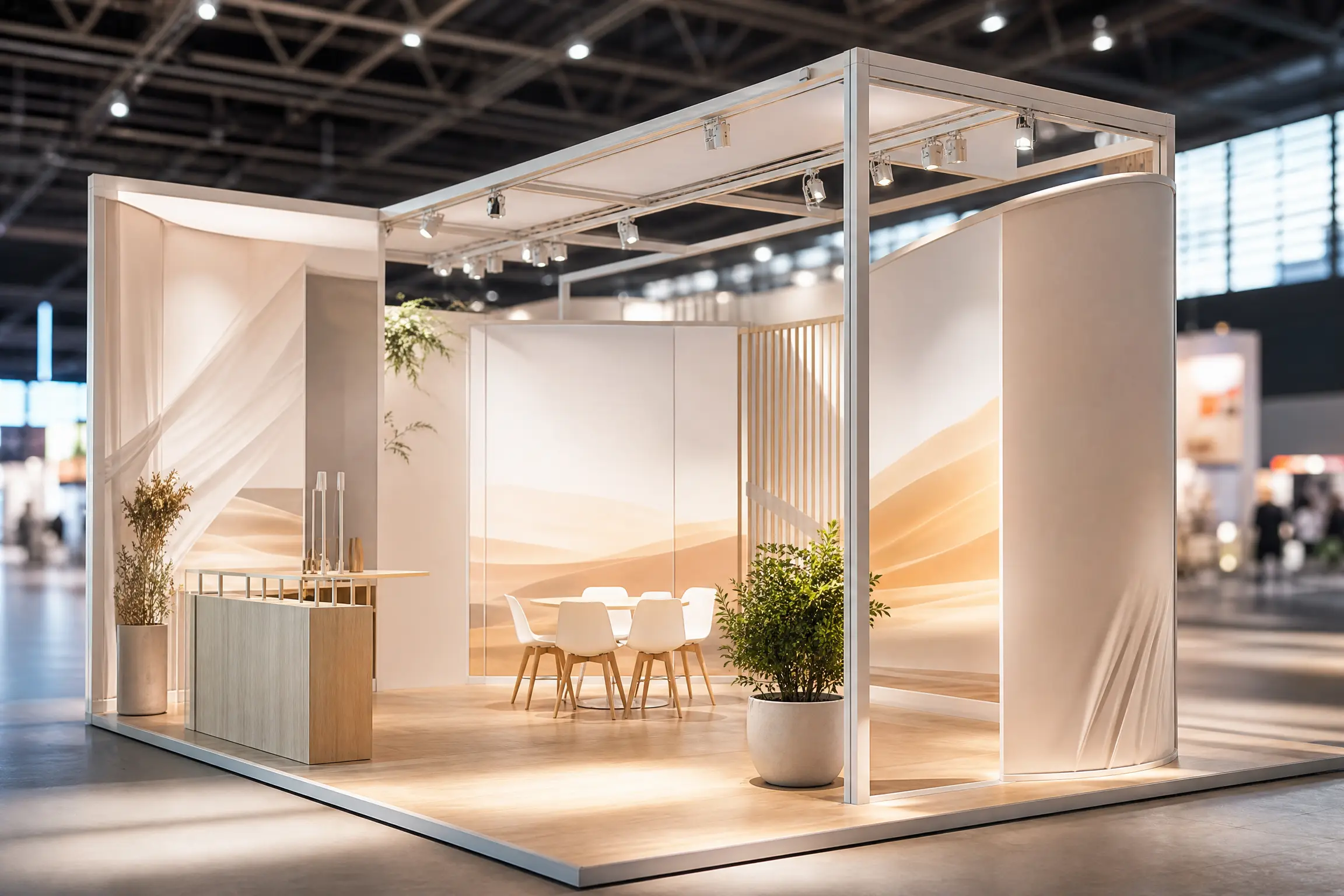 Stand de feria en esquina, armazón de aluminio y paneles textiles tensados, iluminación integrada